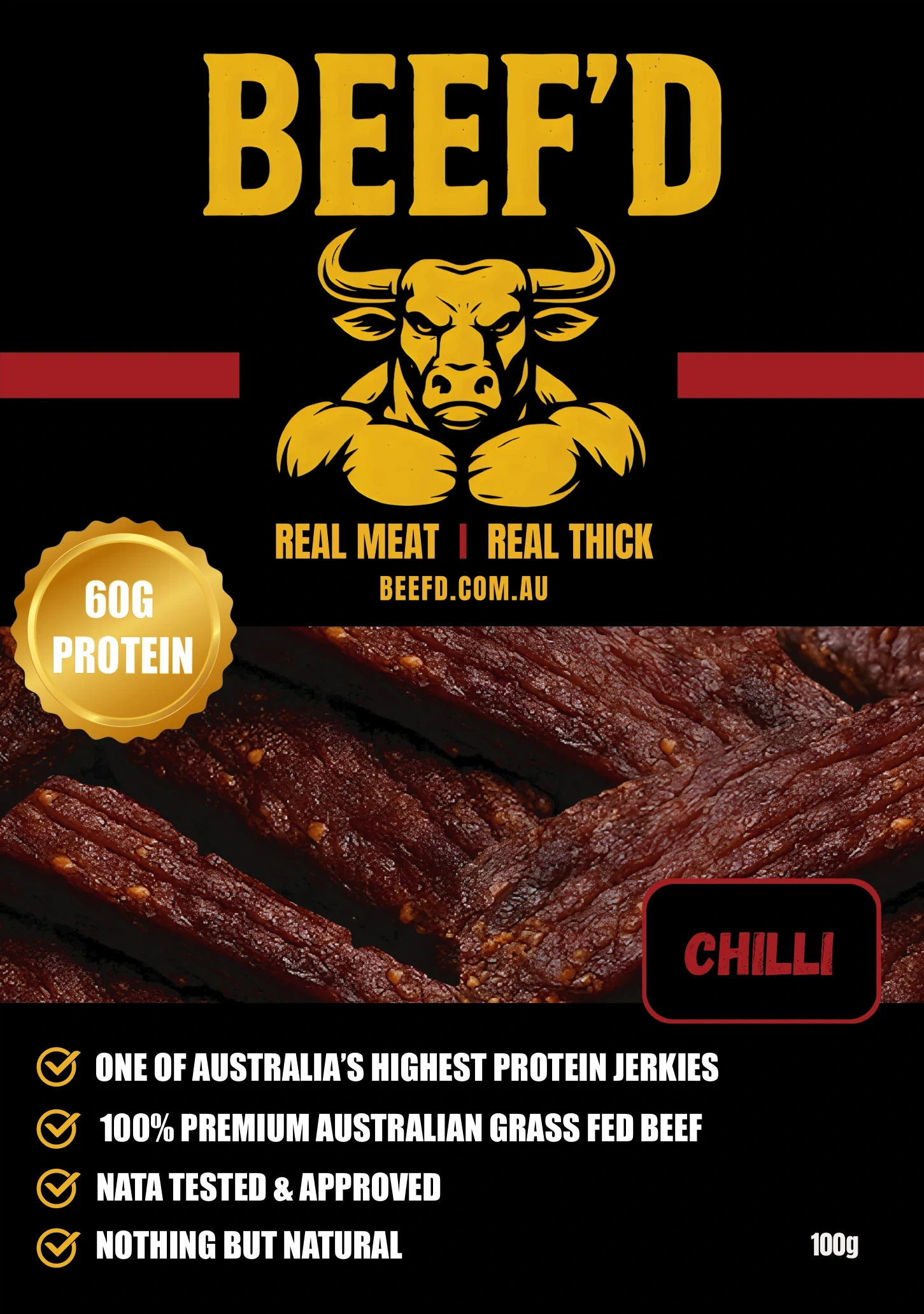 BEEF'D Chilli beef jerky bag front