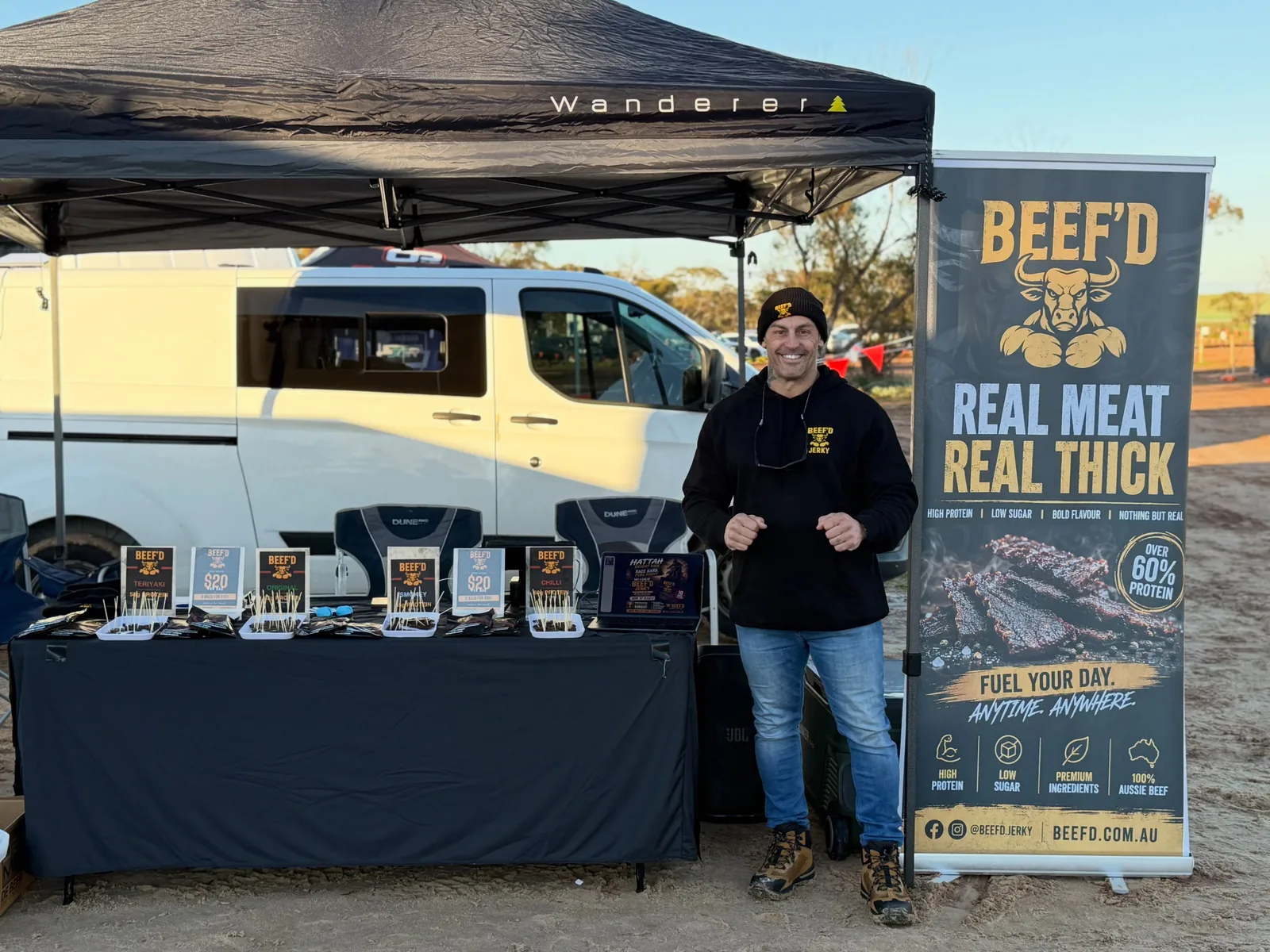 The BEEF'D Jerky stall at the Hattah Desert Race — banner, product display and tasting samples