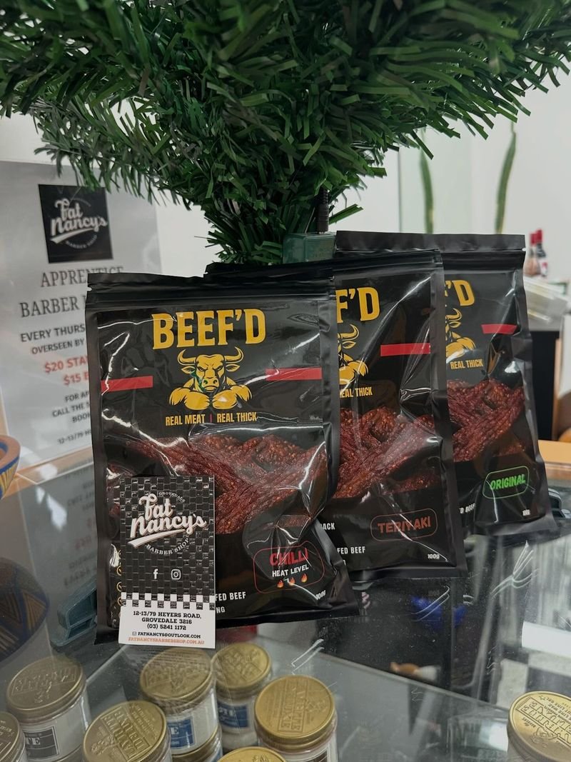 BEEF'D packs on the counter at Fat Nancy's Barbershop