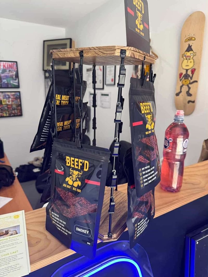 The BEEF'D jerky display stand inside Fat Nancy's Barbershop, Grovedale