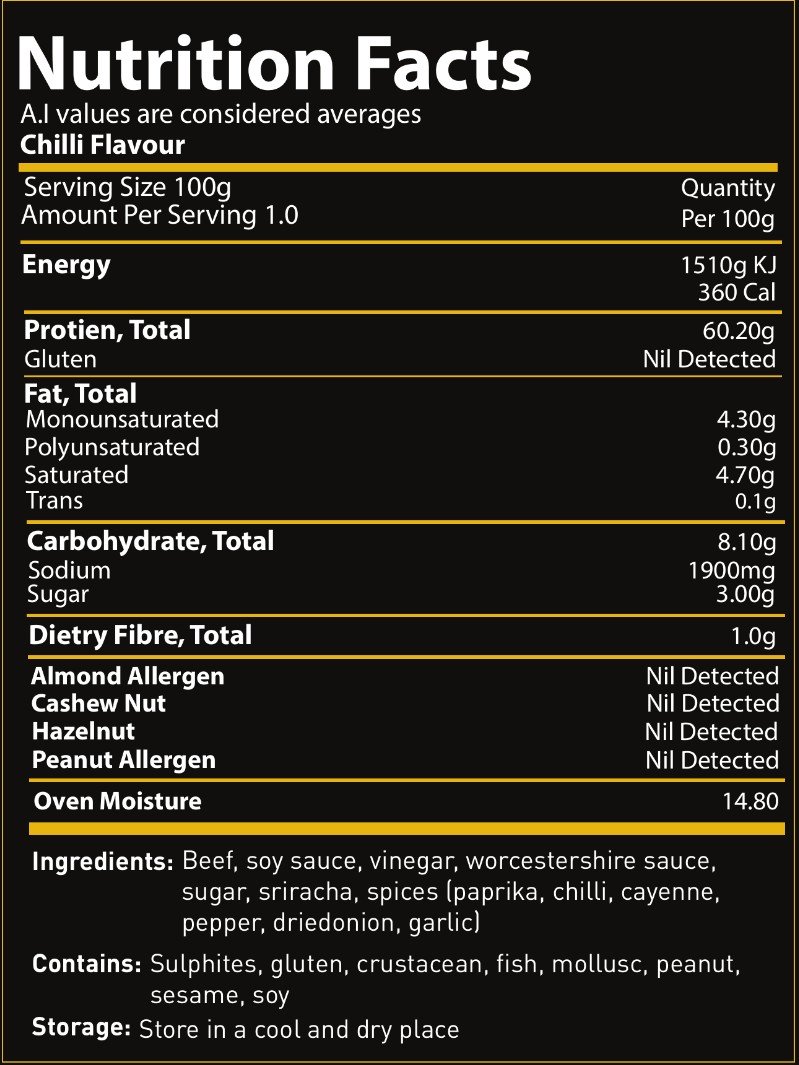 BEEF'D Chilli flavour nutrition facts label